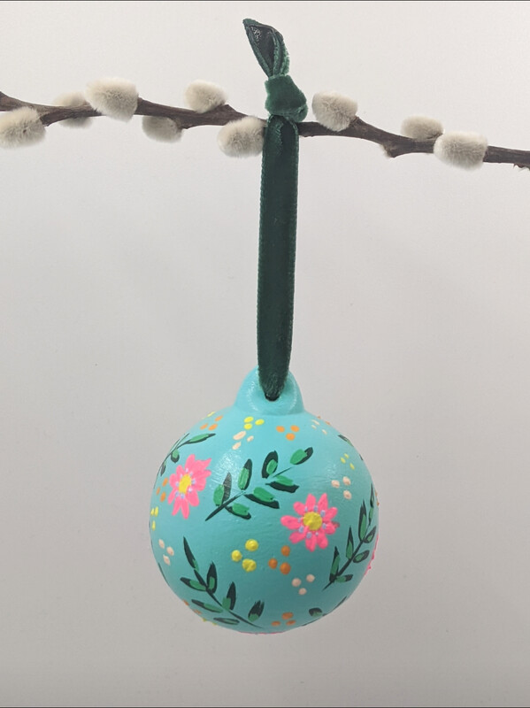 Ceramic hand painted bauble turquoise floral design