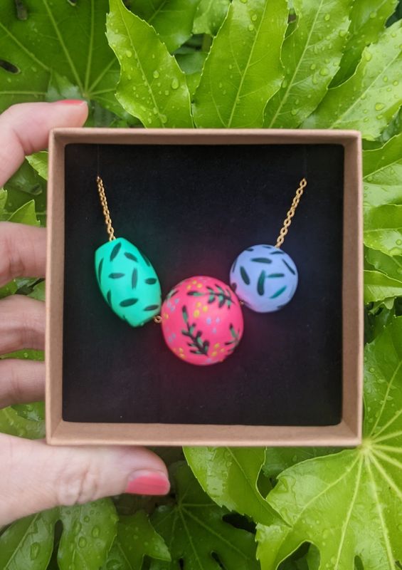 Beaded necklace hand painted neon pink and green