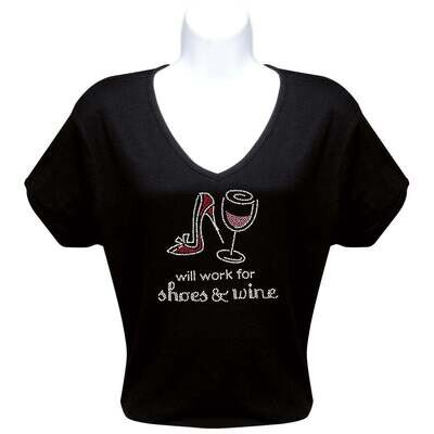 Will Work for Shoes & Wine V-neck, Short Sleeve Wine T-Shirt.