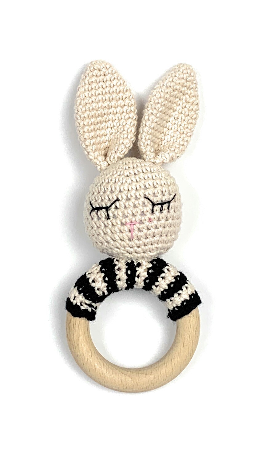 Crochet Teething Ring Rattle - Bunny Black Stripes