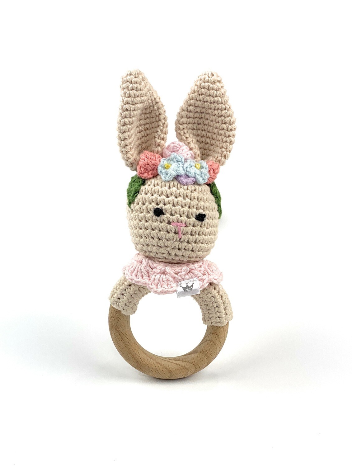 Crochet Teething Ring Rattle - Bunny Flower Headband