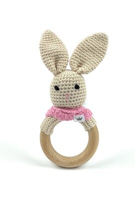 Crochet Teething Ring Rattle - Bunny Pink Scarf