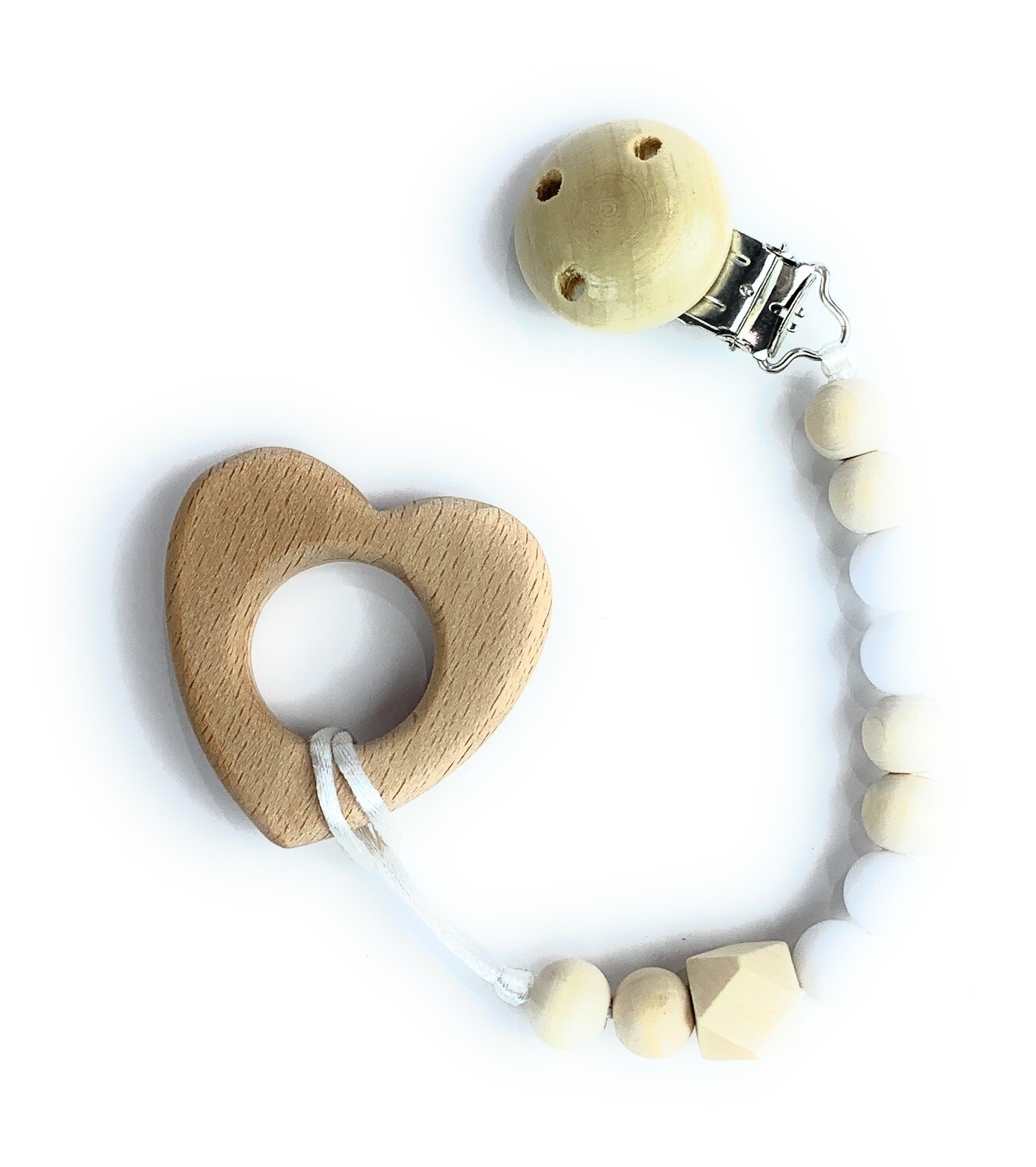 Wooden Teether w. Pacifier Clip - HEART