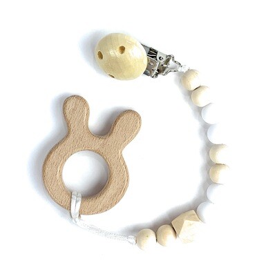 Wooden Teether w. Pacifier Clip - BUNNY