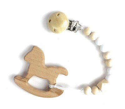 Wooden Teether w. Pacifier Clip - HORSE