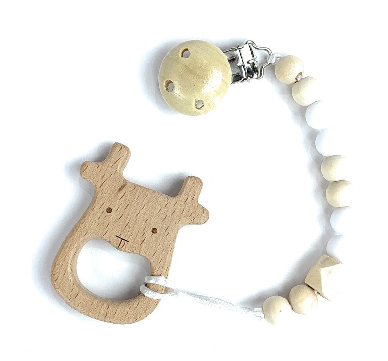 Wooden Teether w. Pacifier Clip - ELK