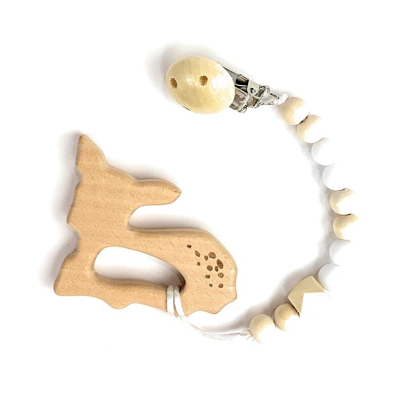 Wooden Teether w. Pacifier Clip - DEER