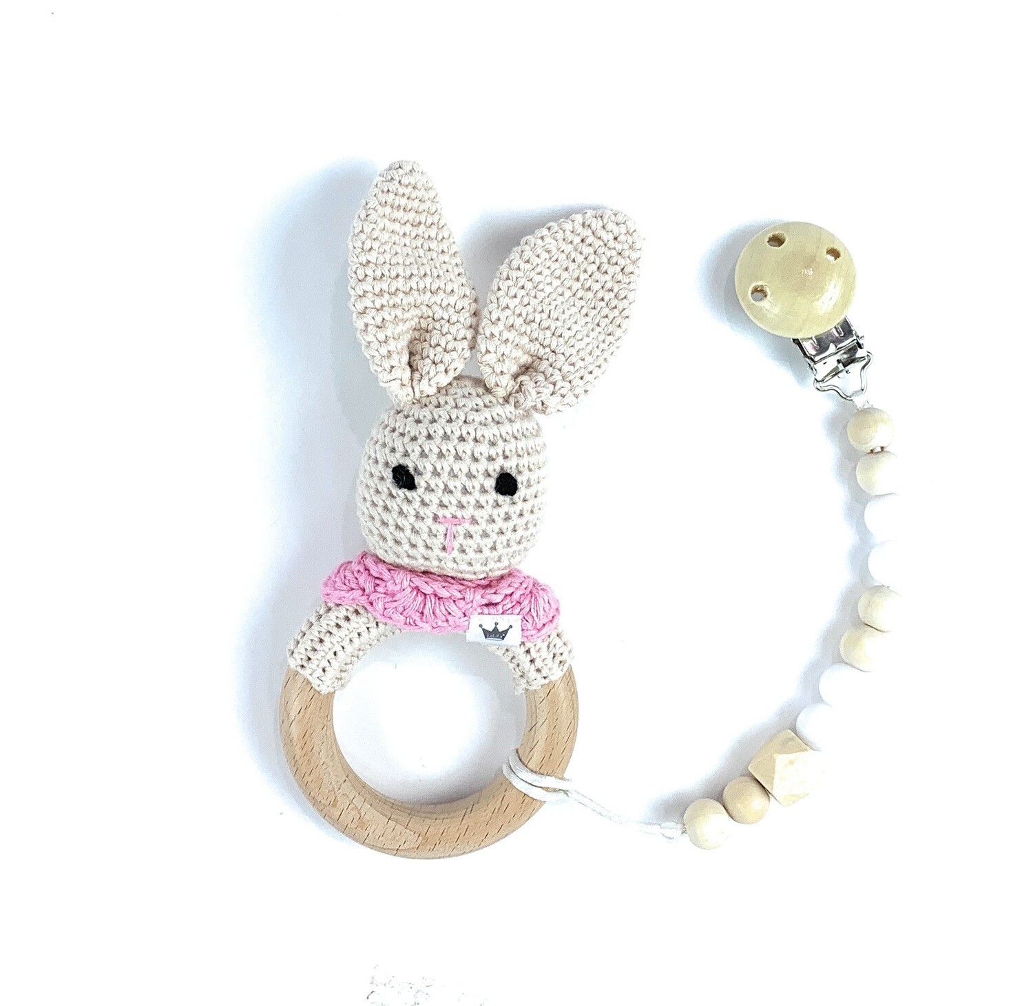 Bunny with pink scarf w. Pacifier Clip