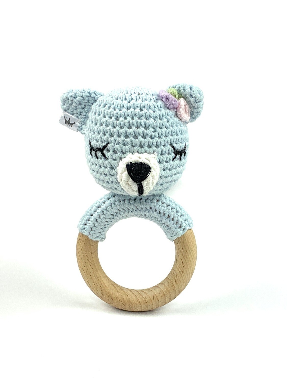Crochet Teething Ring Rattle - Bear Blue Girl