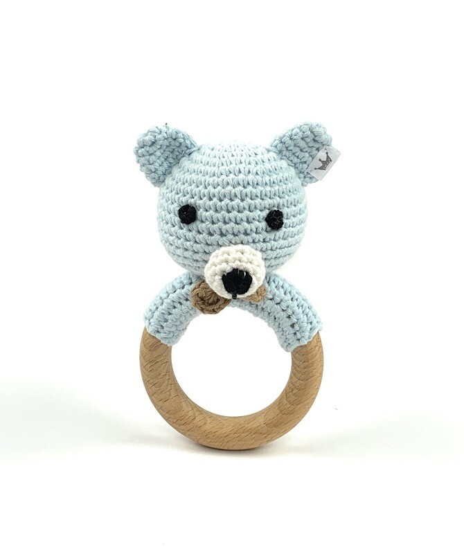 Crochet Teething Ring Rattle - Bear Blue Boy
