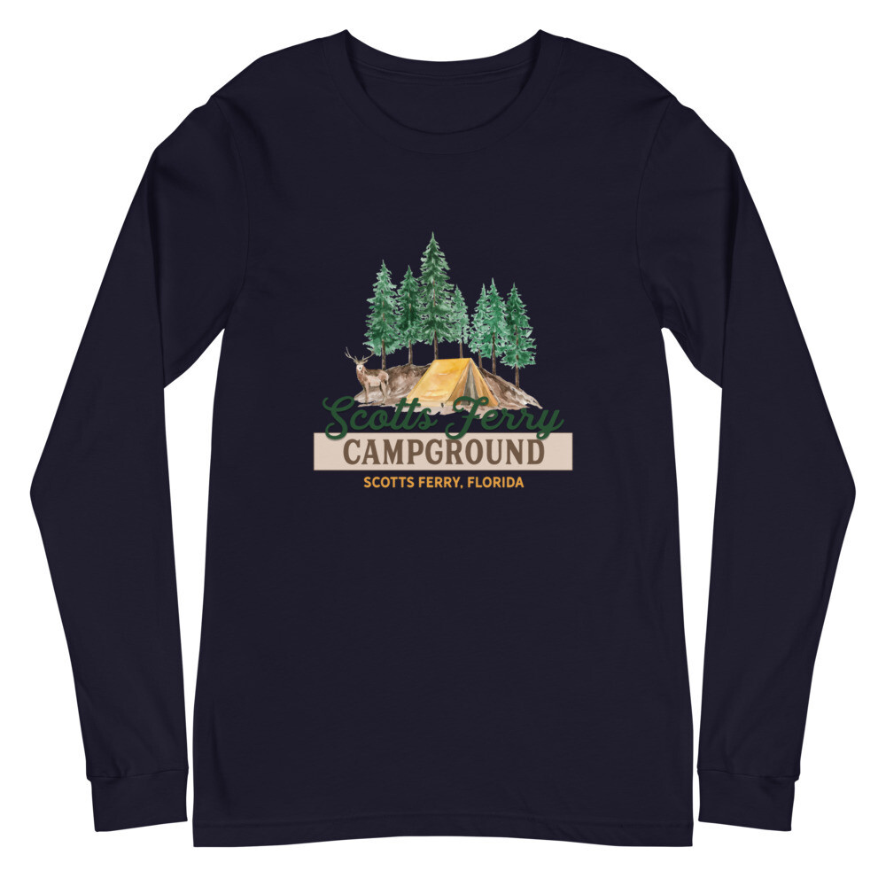 Scotts Ferry Campground Unisex Long Sleeve Tee (multiple colors available), Color: Navy, Size: XS