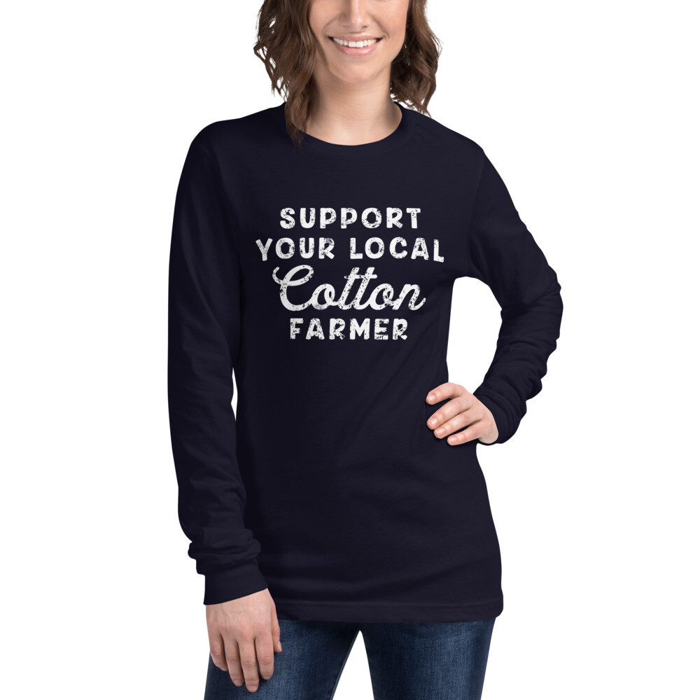 Support Cotton Farmers Unisex Long Sleeve Tee (multiple colors available), Color: Navy, Size: XS