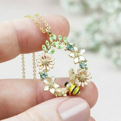 Crystal Flower Bee Droplet Necklace