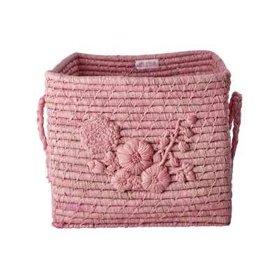 Rice.dk Pink Square Raffia Basket W/Flowers