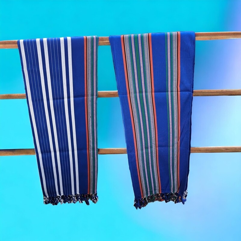 Traditional Yemeni shawl Blue with White, Orange, Green Stripes 