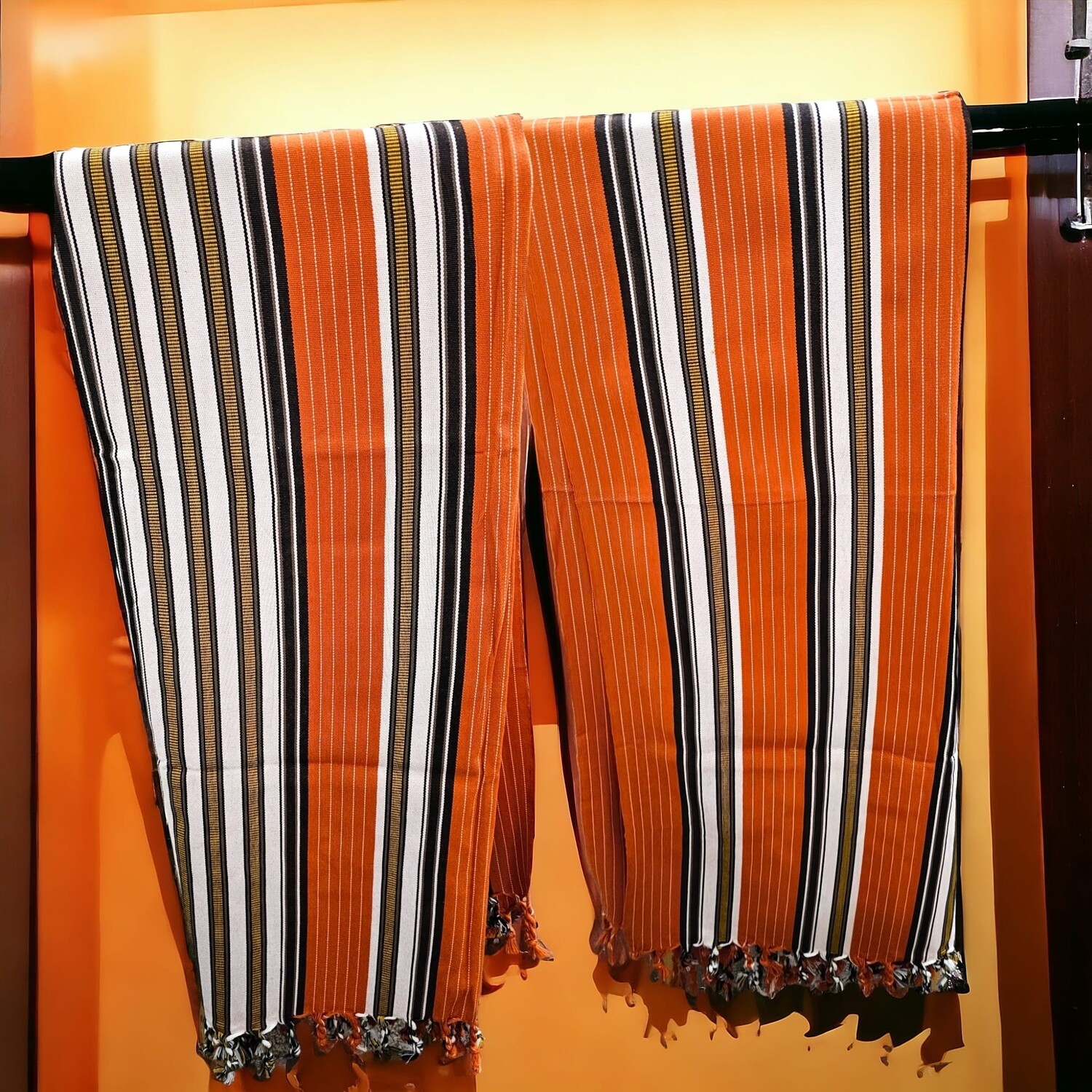 Traditional Yemeni Shawl -  Orange with white & brown stripes