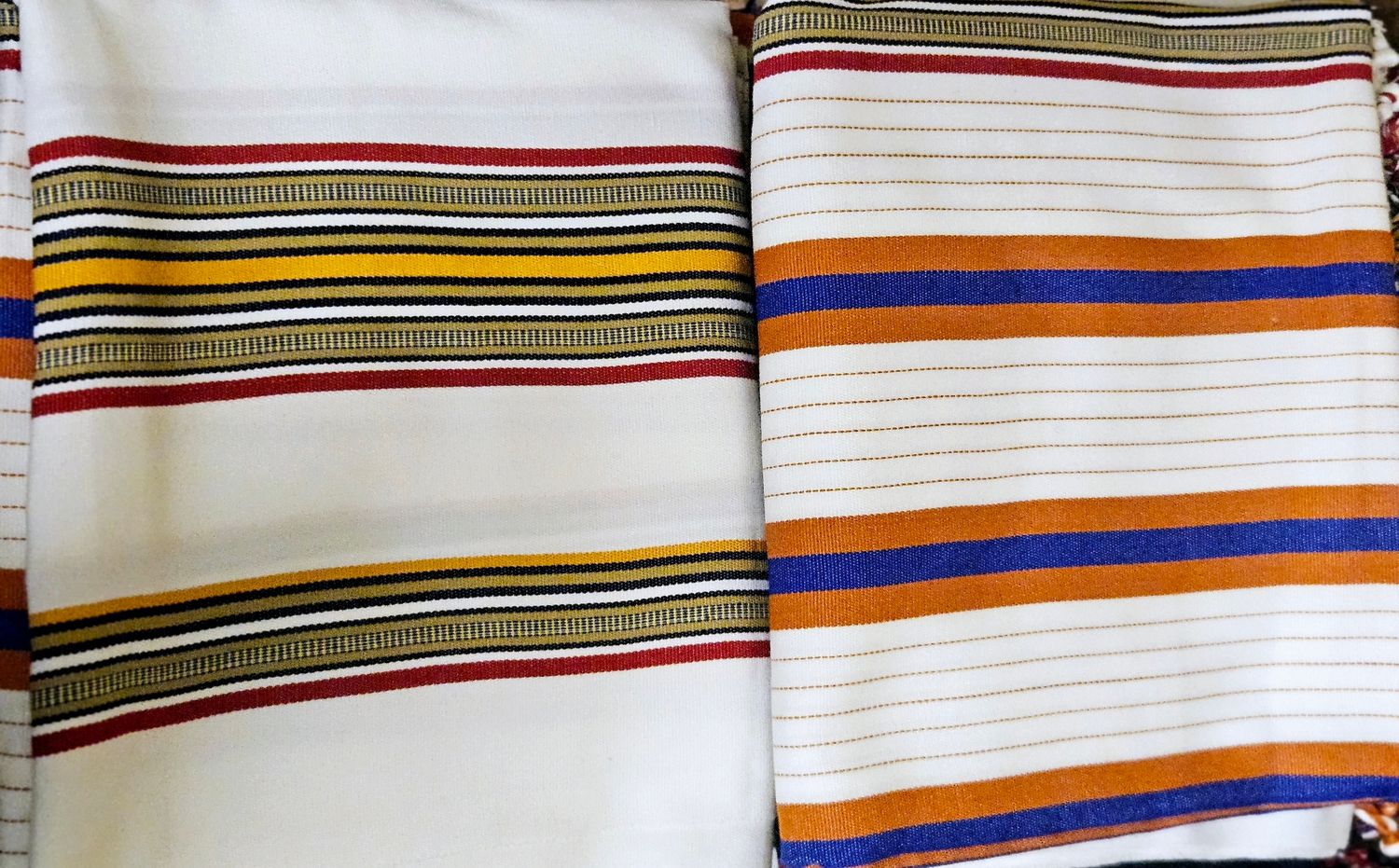 Traditional Yemeni Shawl - White with Orange, Red and Blue stripes