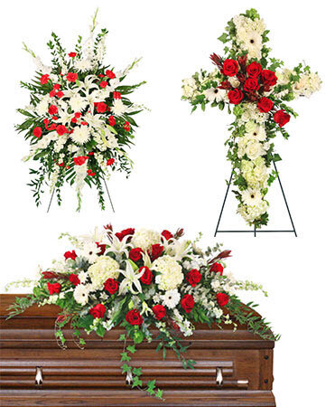 red and white funeral flowers