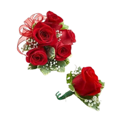 Red roses wristlet and Boutonniere