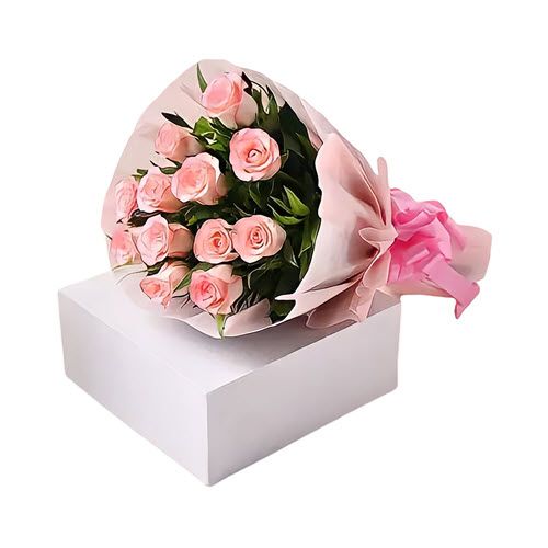Dozen pink roses wrapped