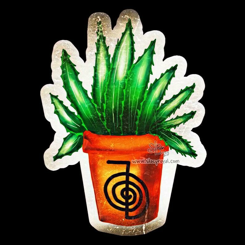 Aloe Vera Plant Terra Cotta Clay Pot Cho Ku Rei Vinyl Sticker Infused With Beautiful Reiki Healing Energy Green Hand Drawn Master Student