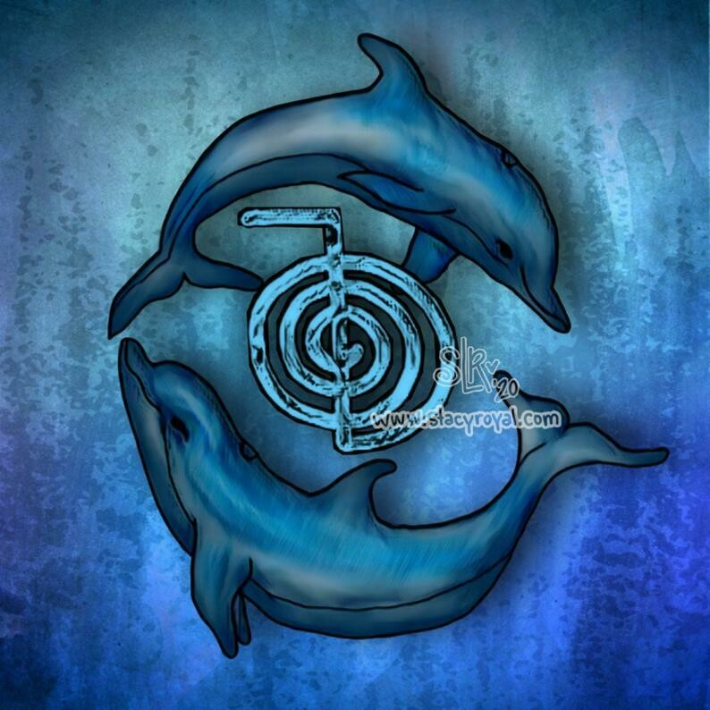 Dolphins swimming with the Universal Healing Symbol Hand Drawn Vinyl Sticker infused with Reiki Healing Energy Ocean Dolphin Cho Ku Rei Love