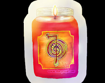 Candle labeled with Cho Ku Rei Vinyl Sticker Infused With Beautiful Reiki Healing Energy Water Bottle Decal Glowing Red Orange Reflection