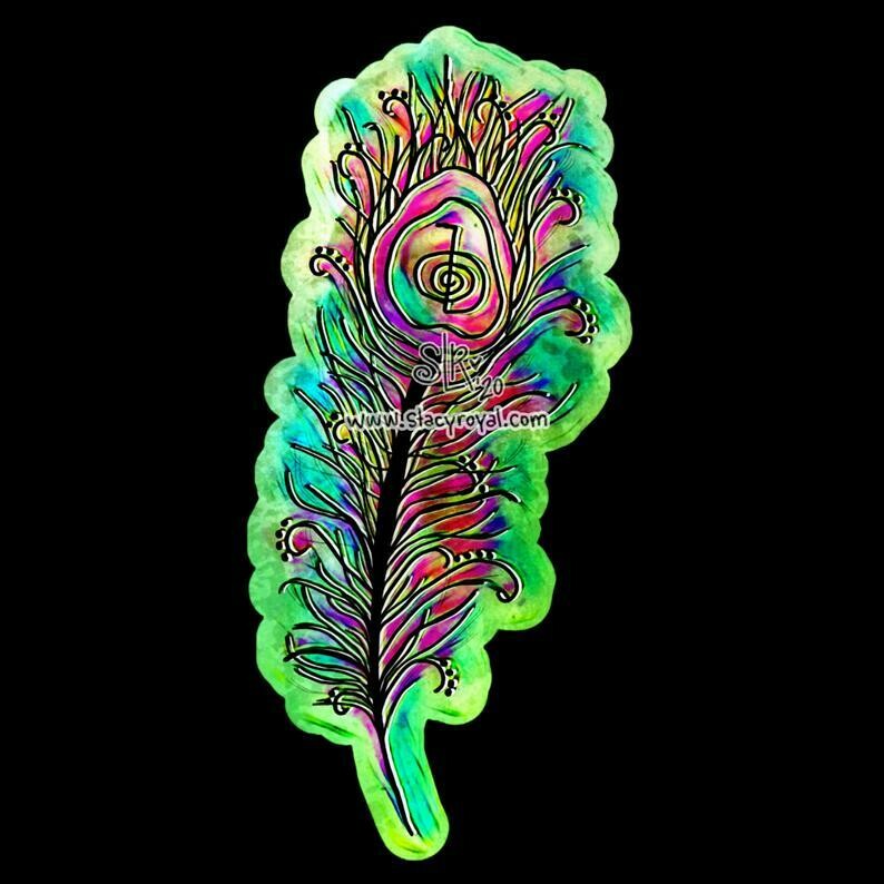 Peacock Feather Vinyl Sticker Infused With Beautiful Reiki Healing Energy Lime Green Cho Ku Rei Stickable Art Kindness Compassion Good Luck