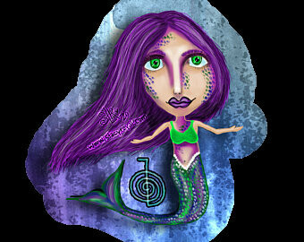 Mermaid!! Hand Drawn with Cho Ku Rei Vinyl Sticker Infused With Beautiful Reiki Healing Energy Ocean Swim Under the Sea Student Green Purple