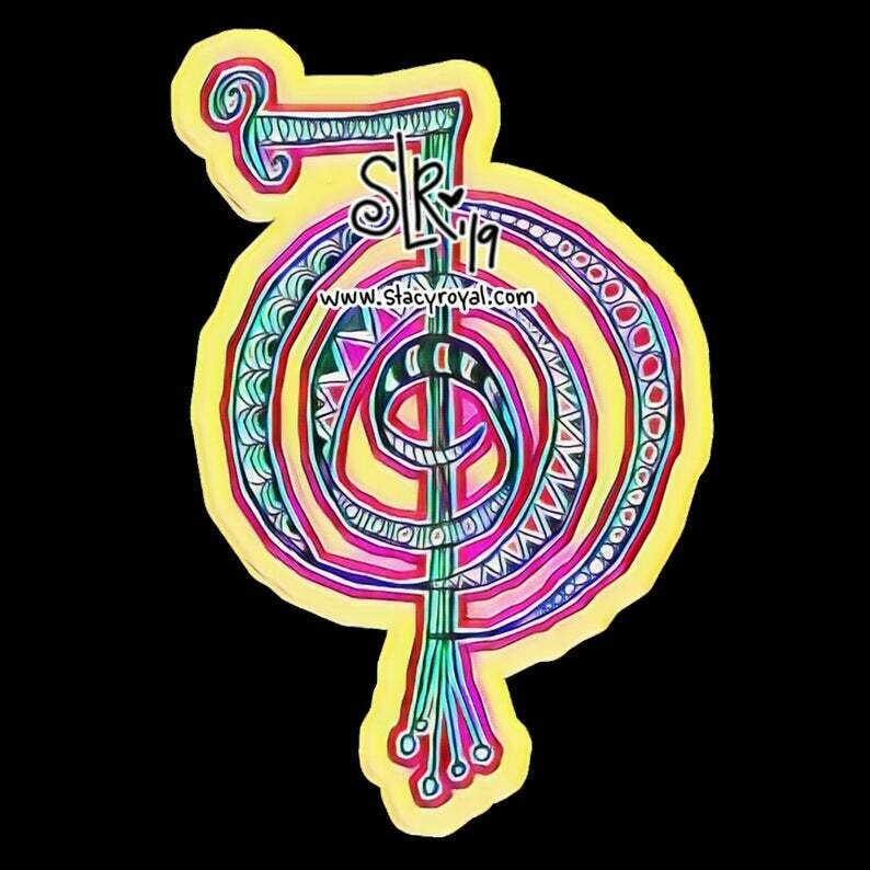 Cho Ku Rei - Reiki Symbol Original Hand Drawn Vinyl Sticker Infused With Beautiful Reiki Healing Energy Pink &amp; Yellow Gift for Reiki Master