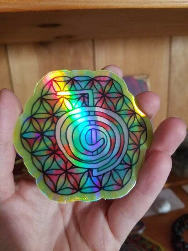 Holographic Flower of Life Cho Ku Rei Original Hand Drawn Vinyl Sticker Infused With Beautiful Reiki Healing Energy Just For Today Master
