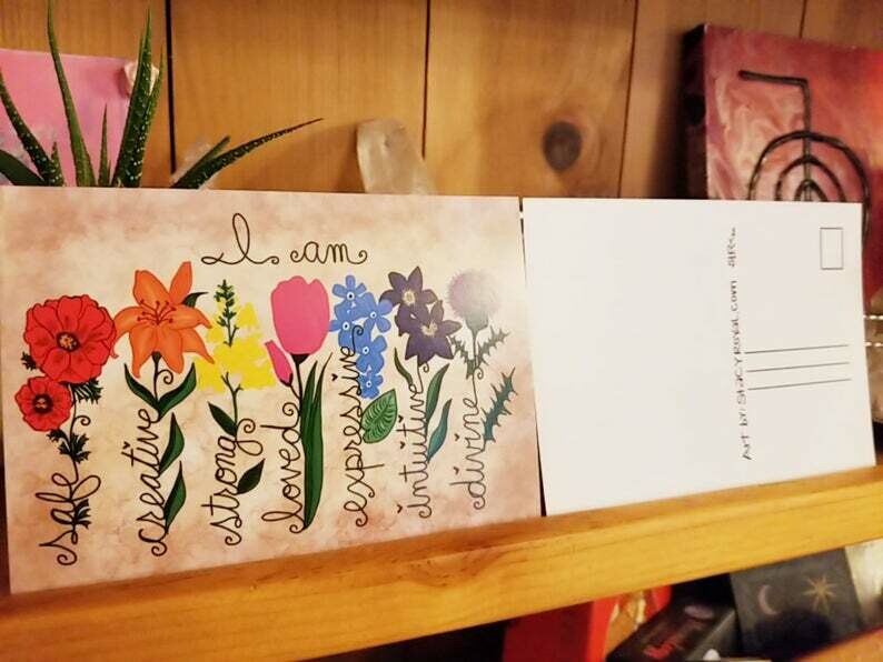 I am - empowering postcard ready to be mailed to your friend or loved one coordinated with the Chakras flowers and inspiring quote