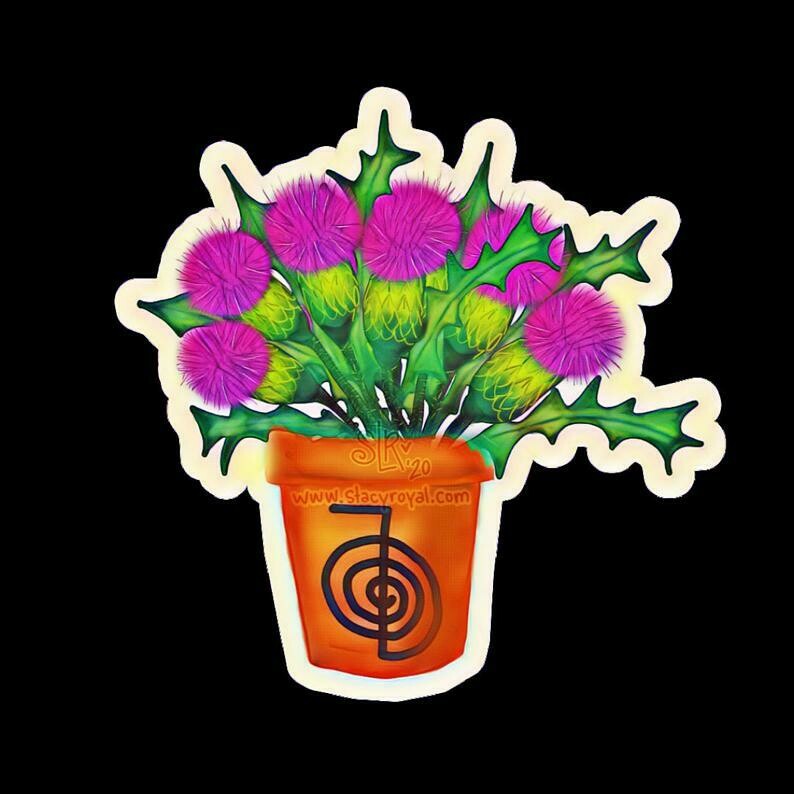 Hand Drawn Thistle Flower Plant overlayed with Cho Ku Rei Vinyl Sticker Infused With Beautiful Reiki Healing Energy Clay Pot Purple Essence