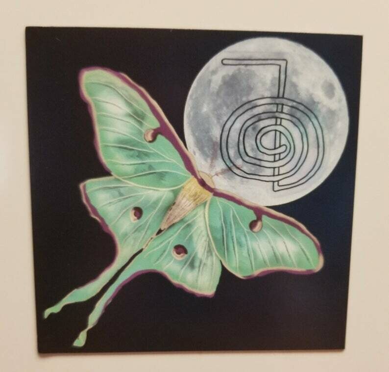 Luna Moth &amp; Moon MAGNET Infused With Beautiful Reiki Healing Energy Cho Ku Rei Universal Healing Symbol Great Gift for Master or Student