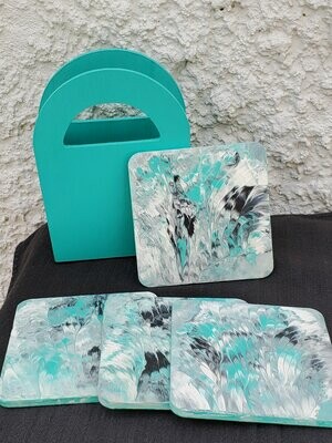 Teal and Grey Coasters - set of 4 with Teal Caddy