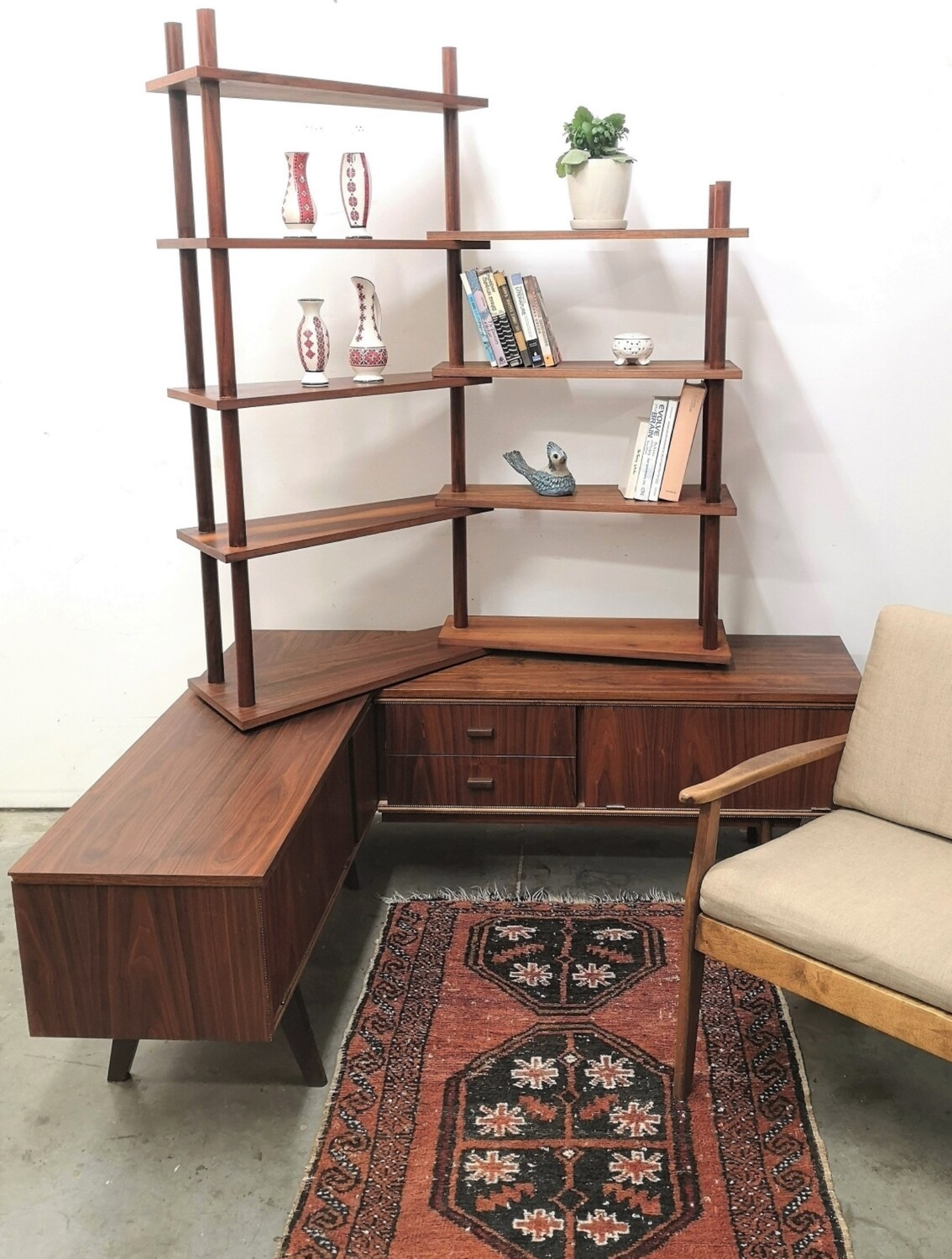 Mid Century Walnut L Shape Bookcase/Display Cabinet