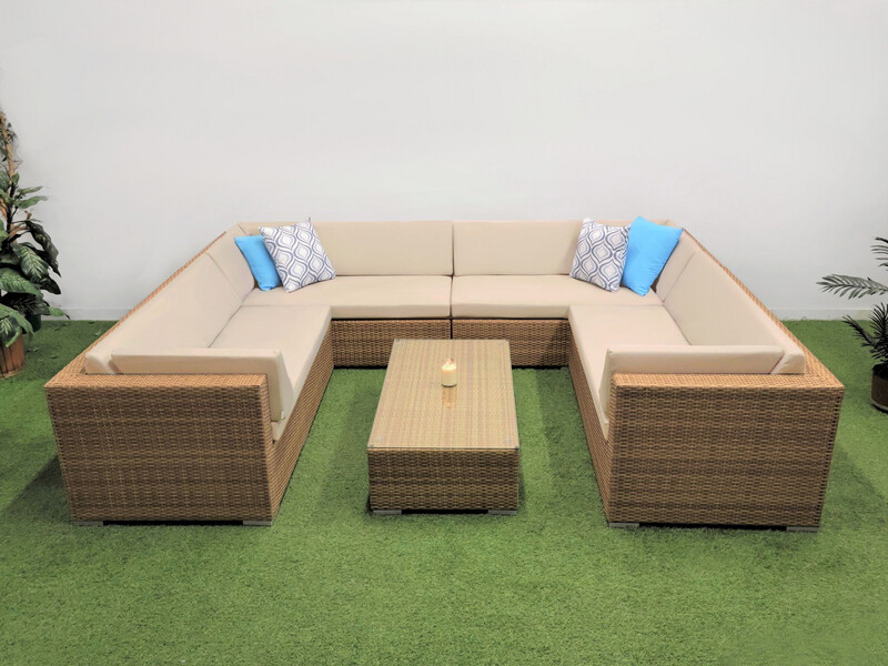 114" x 89" U Shape Aluminum Frame with Tan Wicker Outdoor Sectional Couch