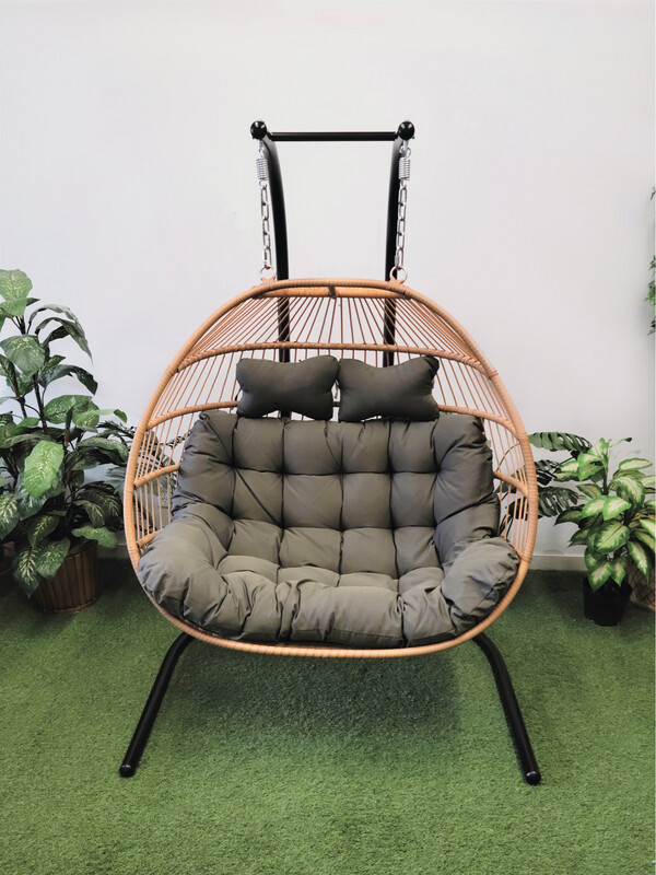 Double Seat Collapsible Swing Chair with Tan Wicker and Ropes