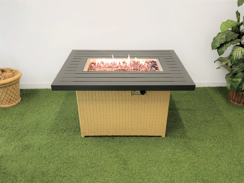 Aluminum Frame Outdoor Fire Table with Light Tan Wicker