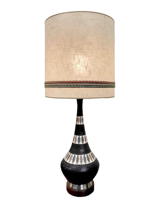 Mcm Tall Table Ceramic Lamp with Teak Base