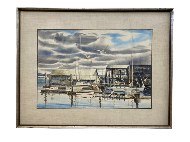 35&quot;x27” Mid Century Original Watercolour Painting “Fish Boats at Coal Harbour&quot;by Brian Knowles