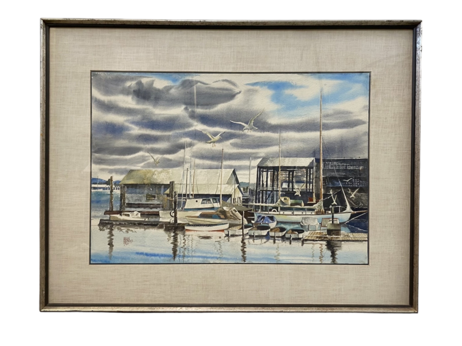 35"x27” Mid Century Original Watercolour Painting “Fish Boats at Coal Harbour"by Brian Knowles