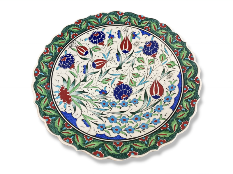 12” Handmade Turkish Iznik Ceramic Plate (White Base with Red and Blue Flowers)