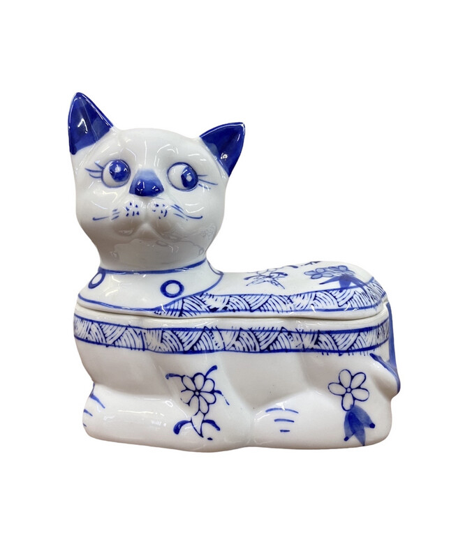 Vintage Blue and White Porcelain Cat Trinket Box