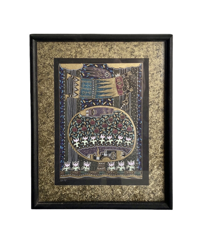 Framed Folk Art Painting on Fabric