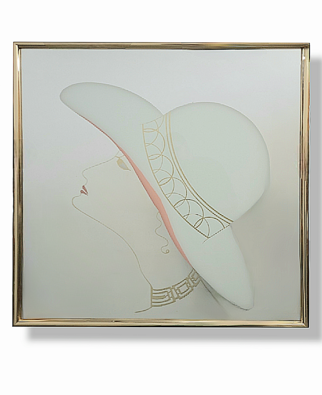 Large Vintage Gold Gilt Frame Art Mirror with Lady with White Hat