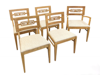 Set of 5 Mid Century Greek Key Blonde Oak Dining Chairs - refinished and reupholstered
