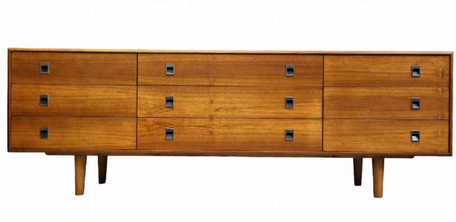 Mid Century Teak Nine Drawer Long Dresser or Credenza