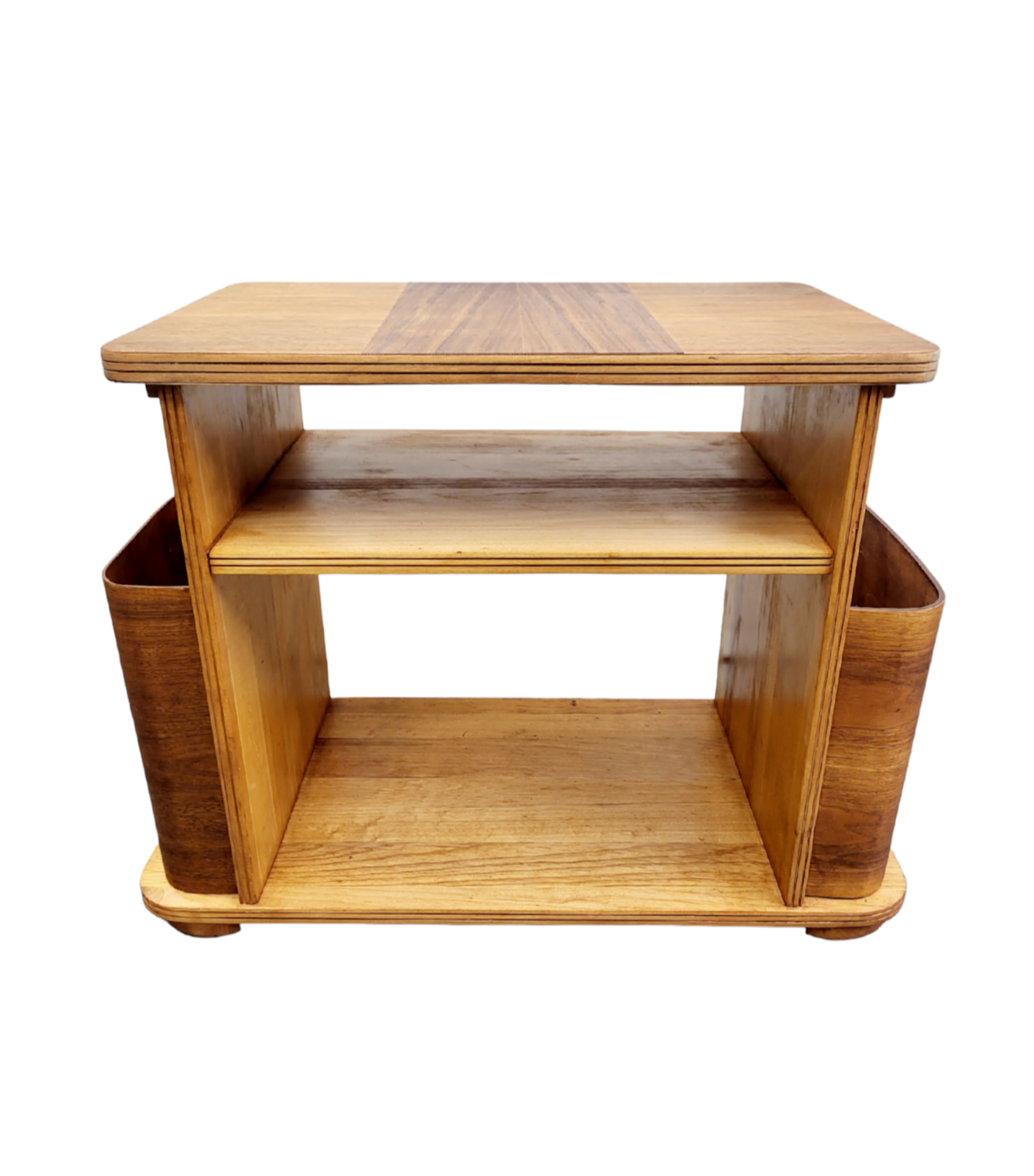 Antique Art Deco Walnut Side Table with Bentwood Storage Pockets