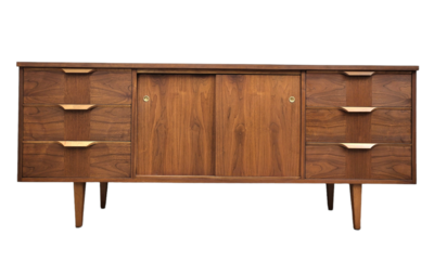 Mid Century Walnut Sideboard Credenza with Six Drawers